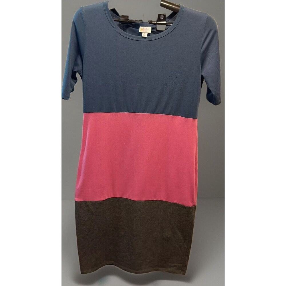 LulaRoe Julia Women's Dress Short Sleeve Blue Pink Gray Striped Size Medium